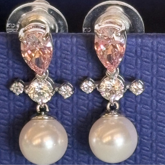 Authentic Swarovski Perfection Pierced Clear & Pink Crystal, Pearl Drop Earrings - Picture 8 of 14